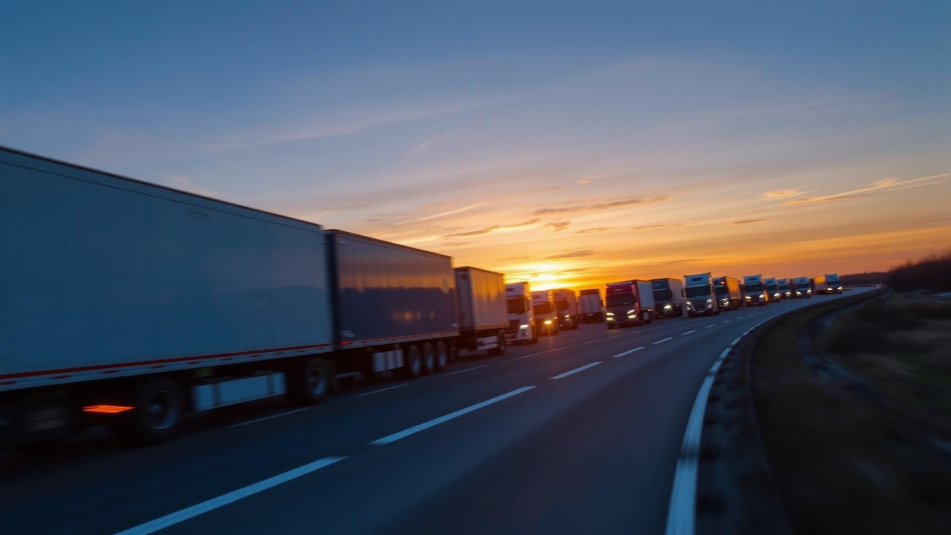 Fleet of freight trucks on a North American highway at sunset